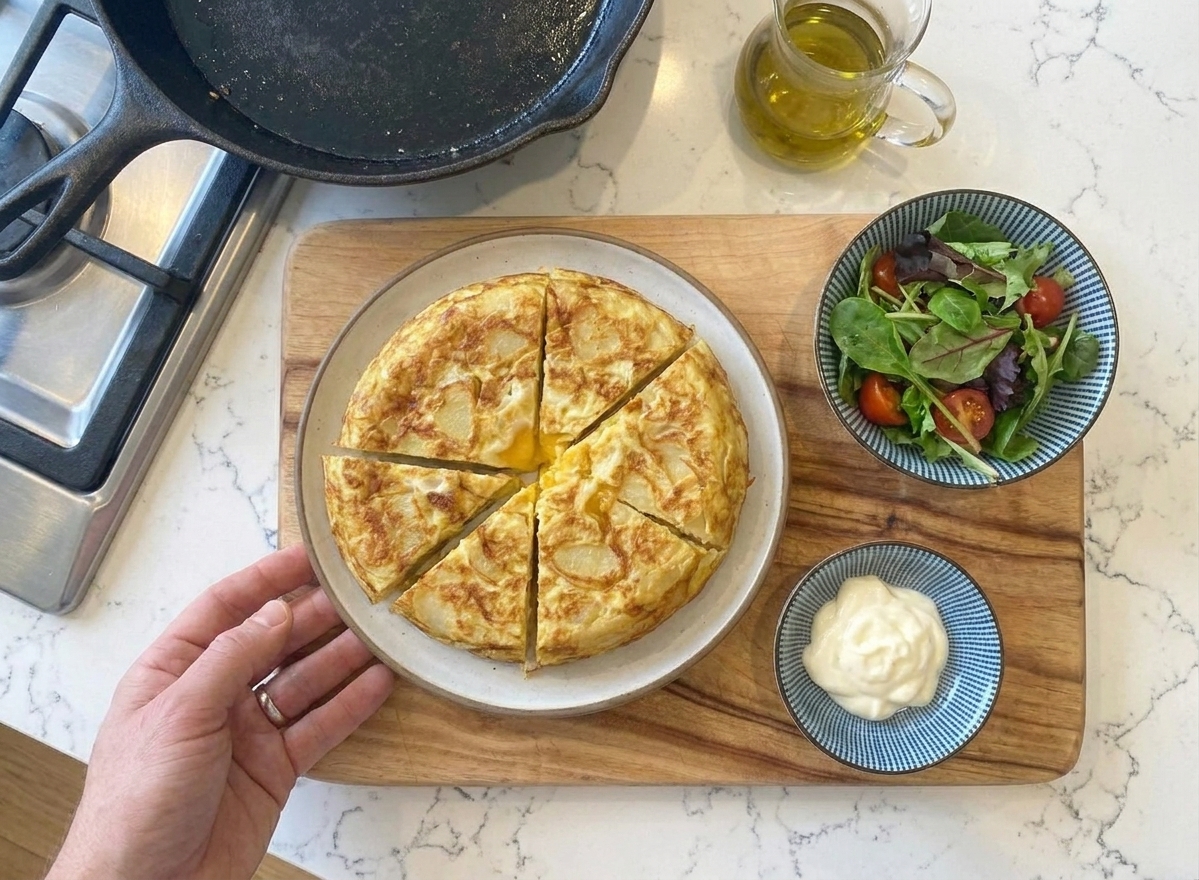 A tortilla española sliced into wedges on a white plate with a small dish of alioli and a simple green salad in the background