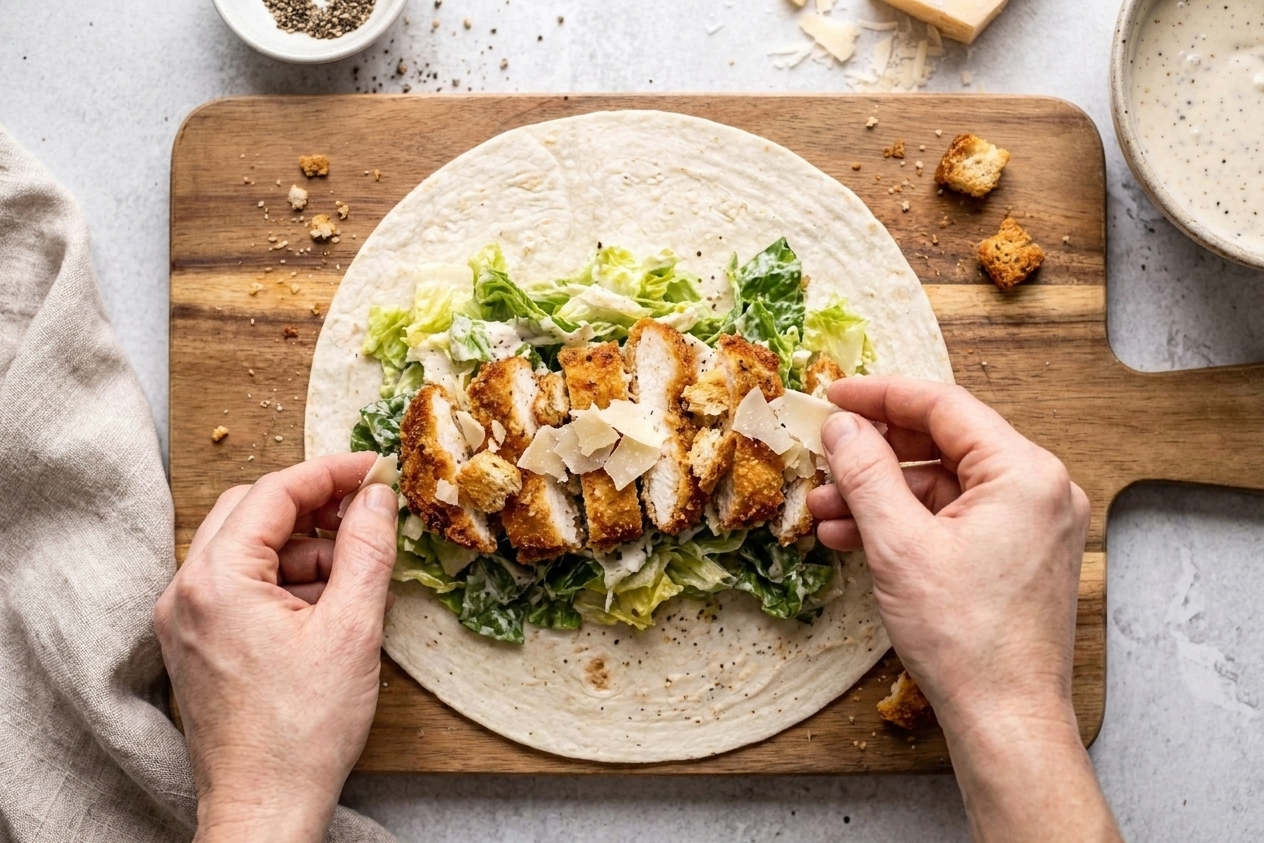 A tortilla on a cutting board being filled with dressed romaine, sliced chicken, crushed croutons, and shaved Parmesan before being rolled