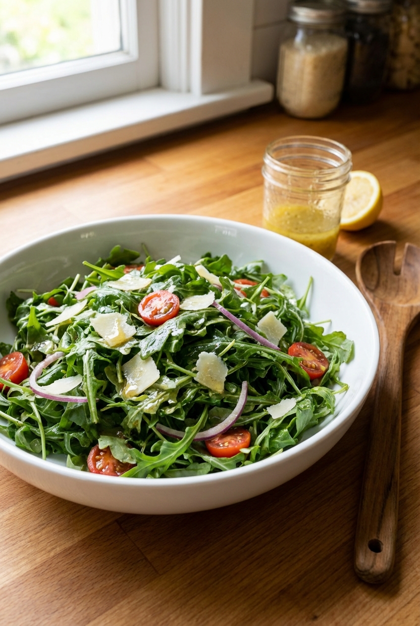 A tossed arugula salad with lemon vinaigrette in a white bowl