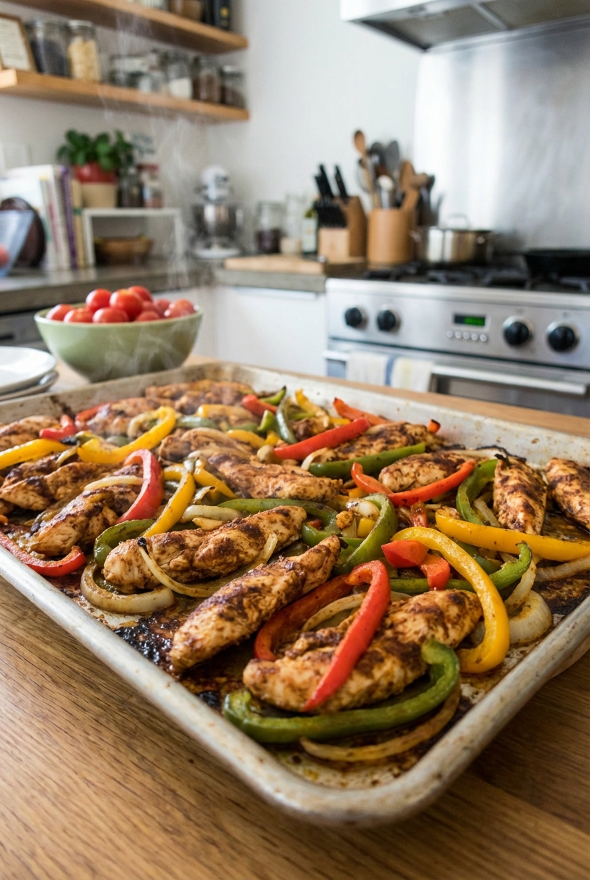 A tray of baked chicken fajitas with peppers and onions
