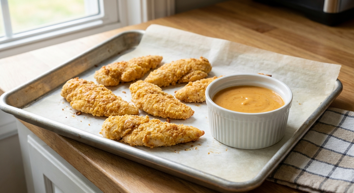 A tray of baked chicken tenders with a dipping sauce