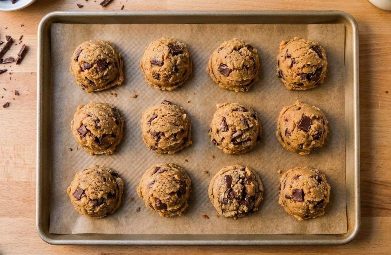 A tray of baked peanut butter chocolate chip cookies with golden edges and visible chocolate chips
