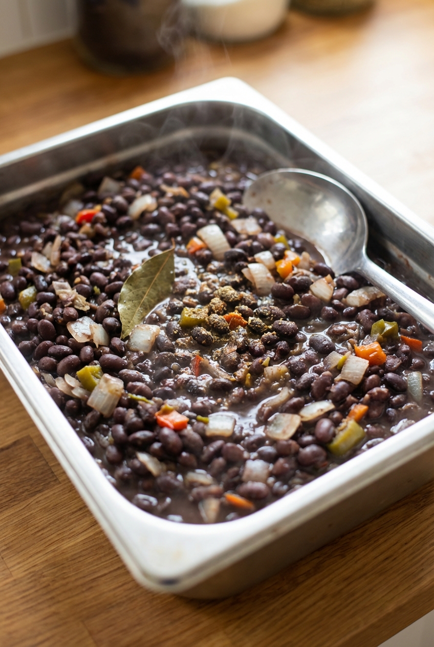 A tray of black beans simmered with onions and spices
