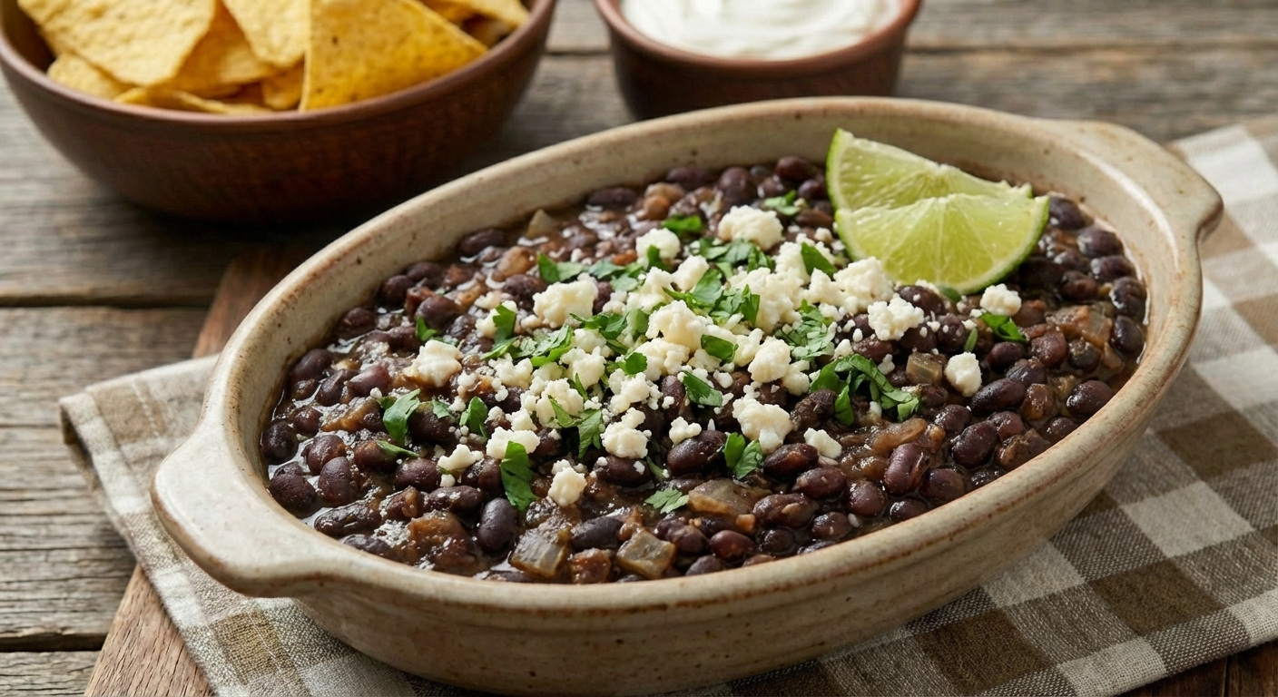 A tray of black beans simmered with onions and spices topped with queso fresco