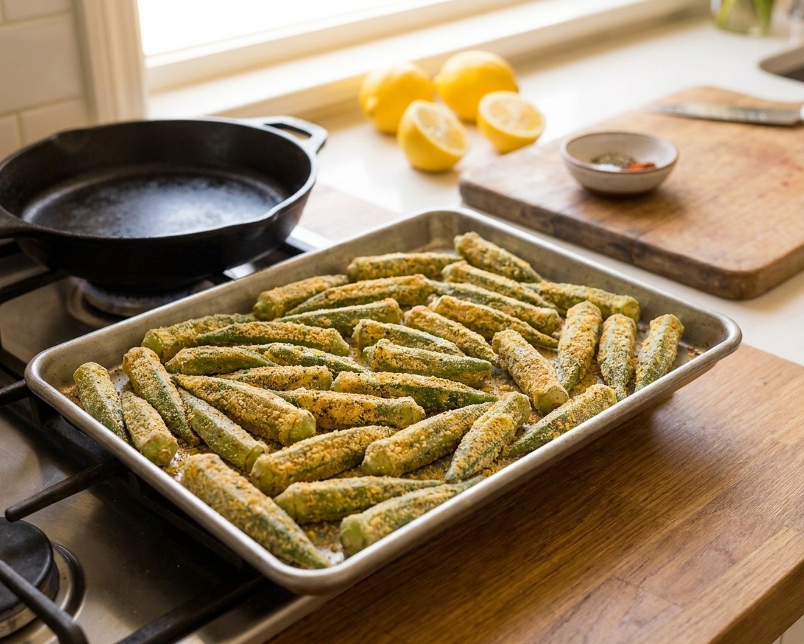 A tray of breaded okra pieces coated in seasoned cornmeal, ready to be fried, on a kitchen counter