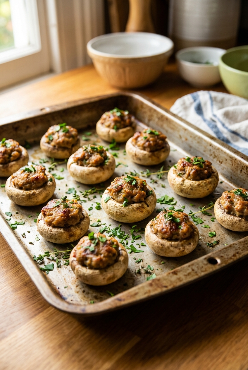 A tray of browned sausage stuffed mushrooms with herbs