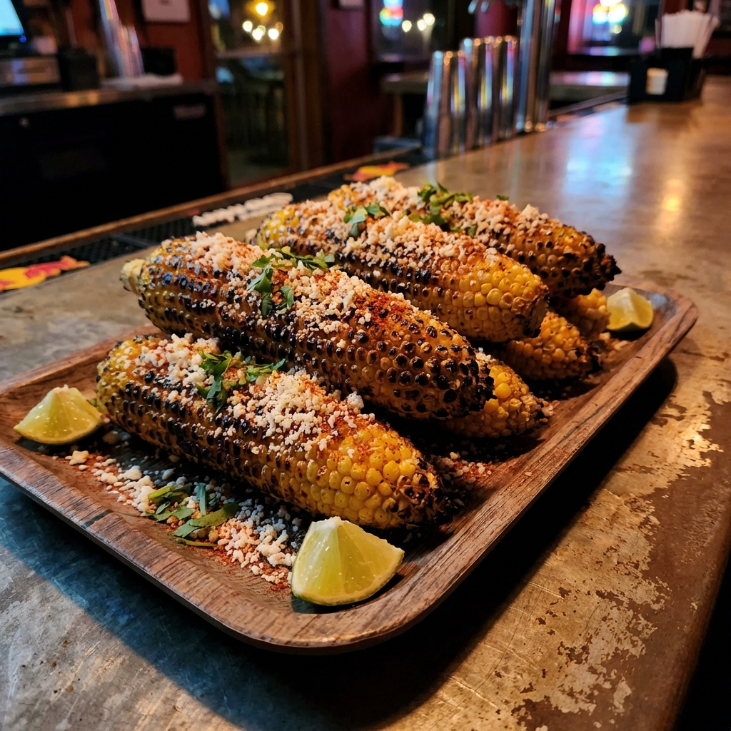A tray of charred corn with cotija cheese and chili powder