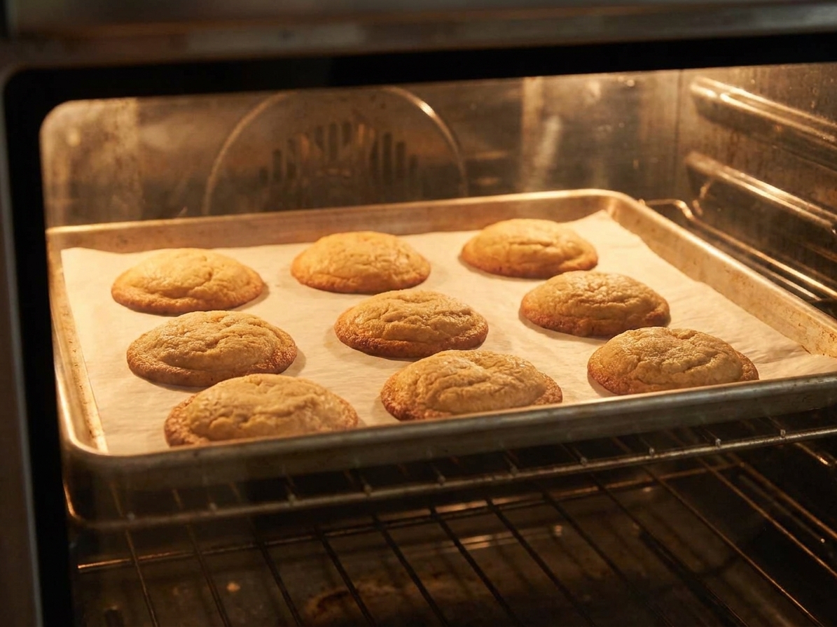 A tray of chipless cookies baking in an oven, cookies puffed with lightly browned edges
