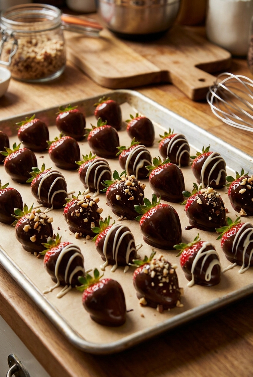 A tray of chocolate dipped strawberries with a glossy finish on parchment paper