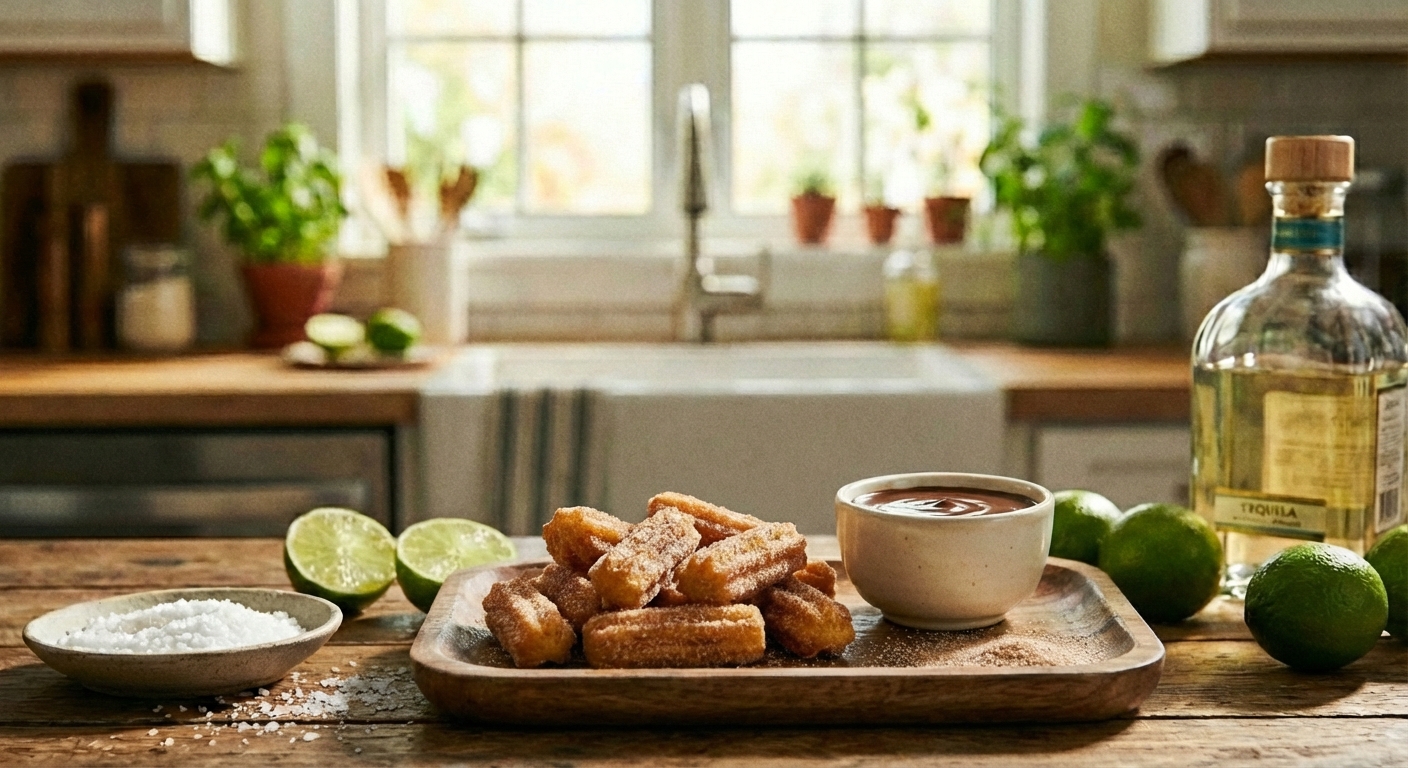 A tray of cinnamon sugar churro bites with a small cup of chocolate sauce