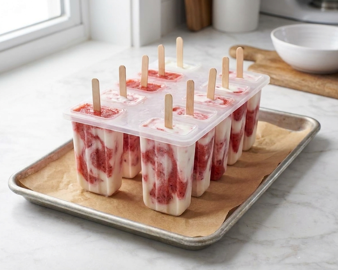 A tray of creamy strawberry yogurt popsicles with visible berry swirls resting on parchment on a bright kitchen counter
