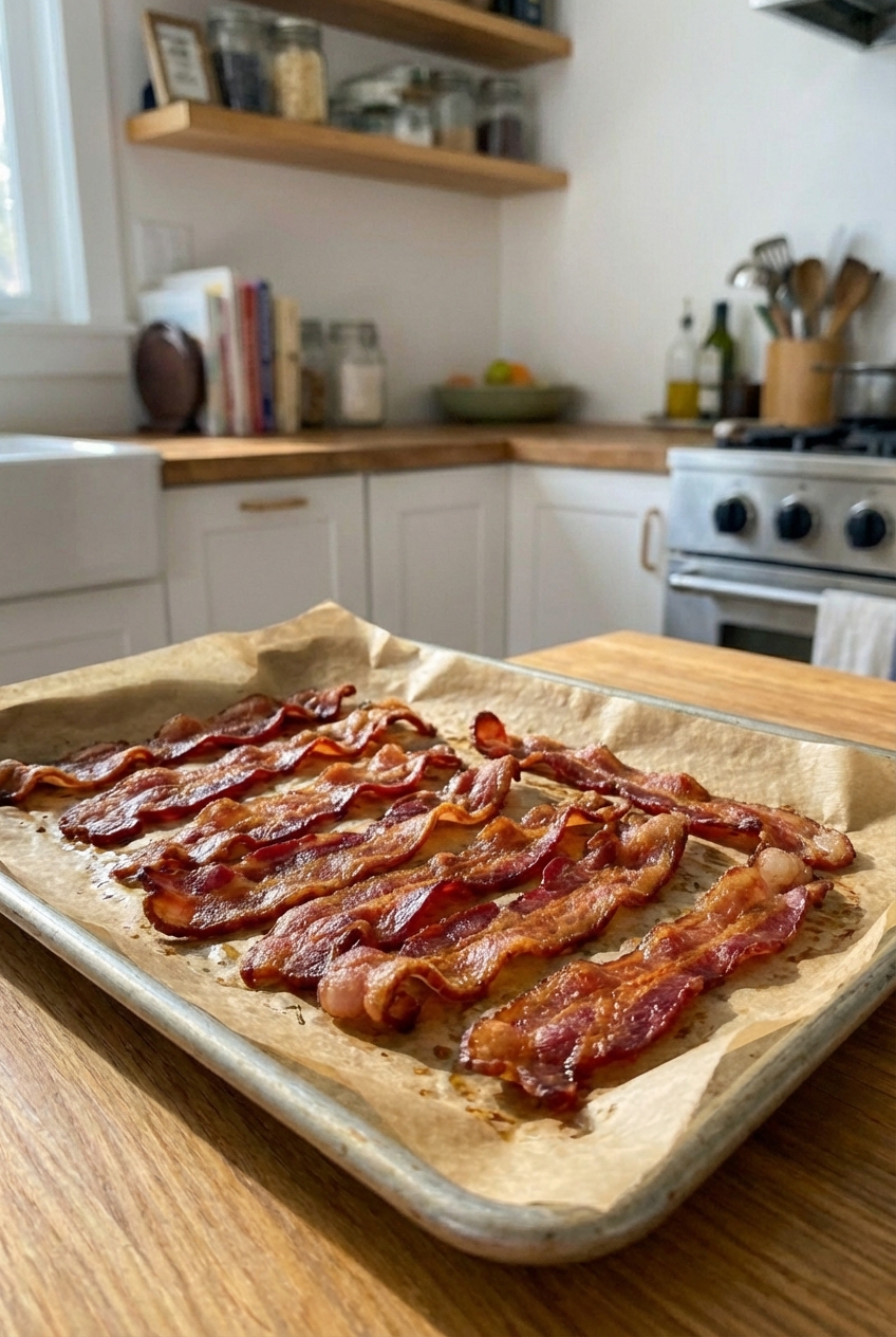 A tray of crispy oven bacon on parchment paper