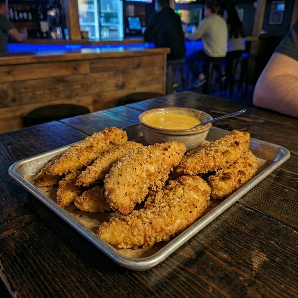 A tray of crispy oven-baked chicken tenders with a dipping sauce