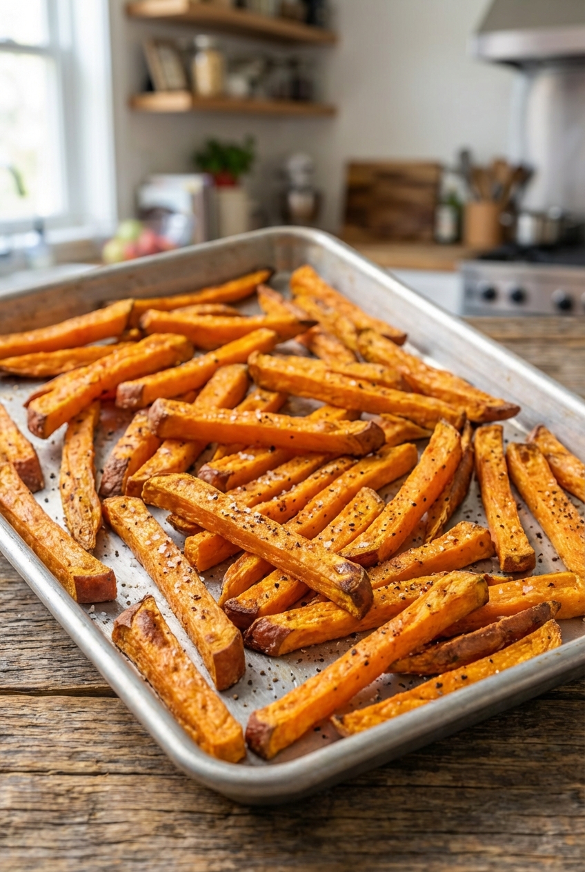 A tray of crispy oven baked sweet potato fries