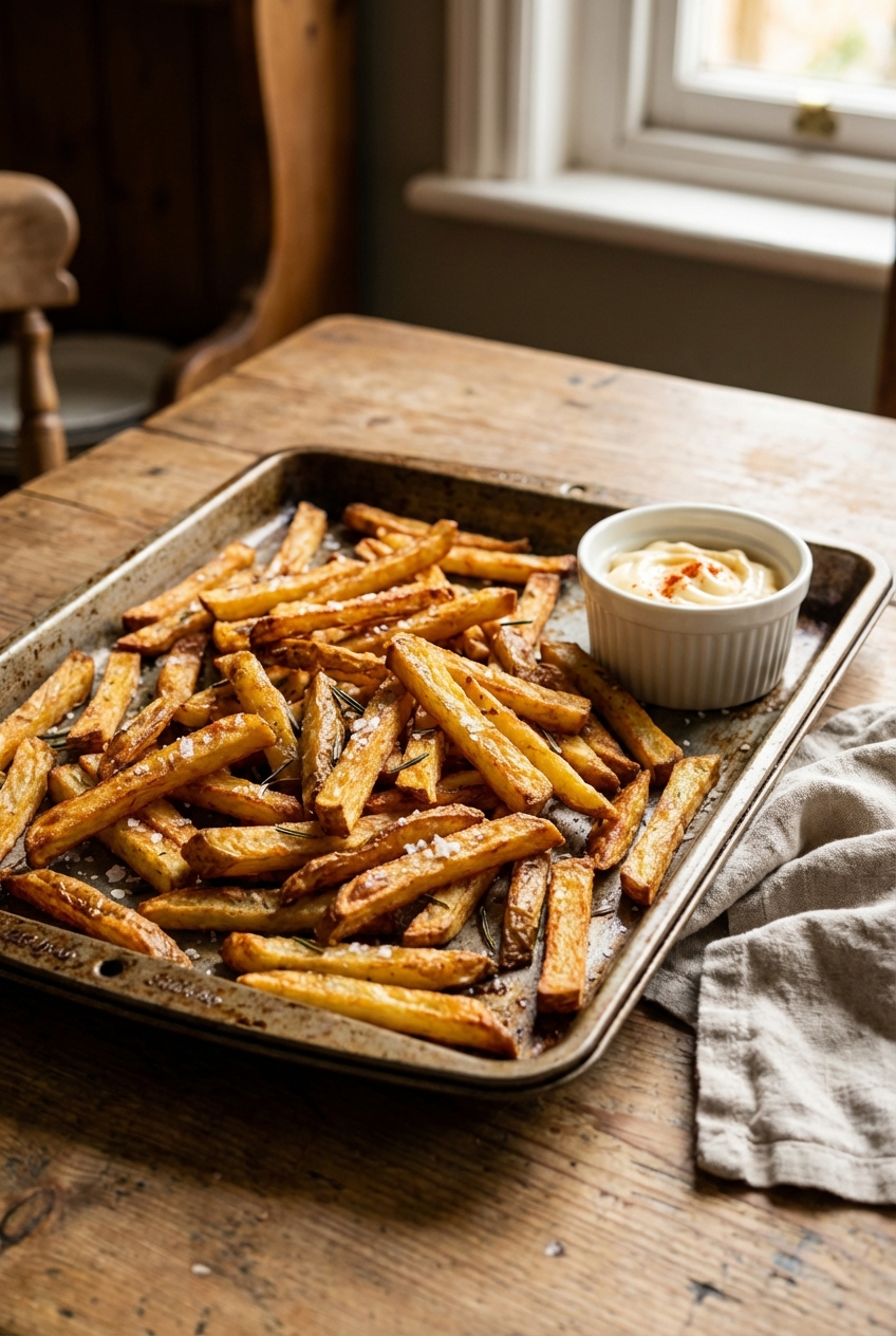 A tray of crispy oven fries with a small ramekin of mayo on the side