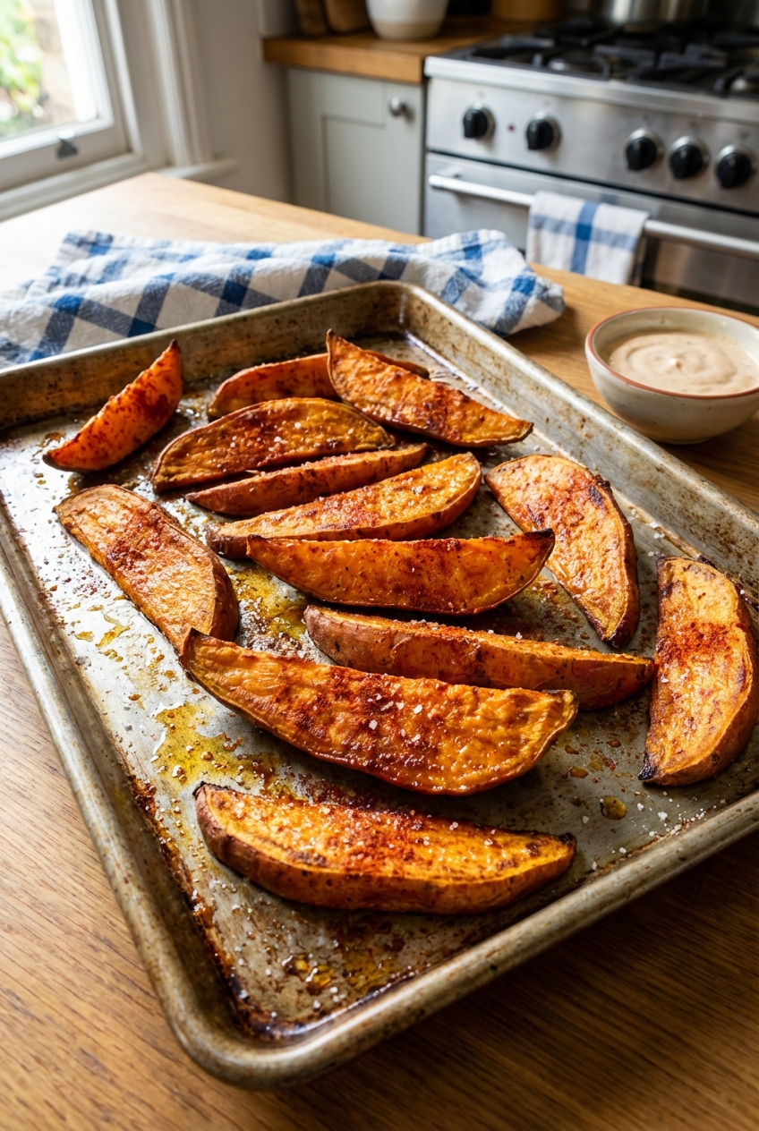 A tray of crispy roasted sweet potato wedges with paprika