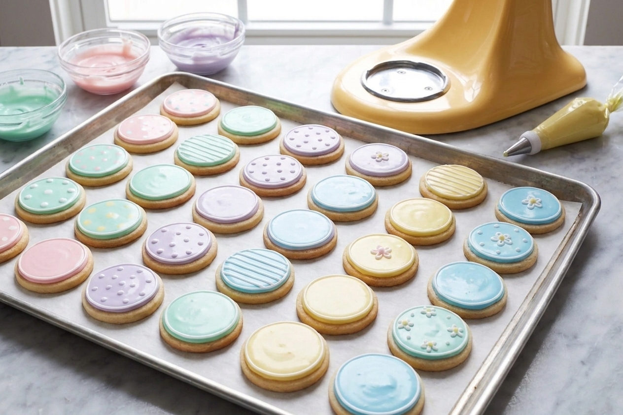 A tray of decorated sugar cookies with smooth royal icing, clean outlines, and pastel designs on parchment paper on a bright kitchen counter