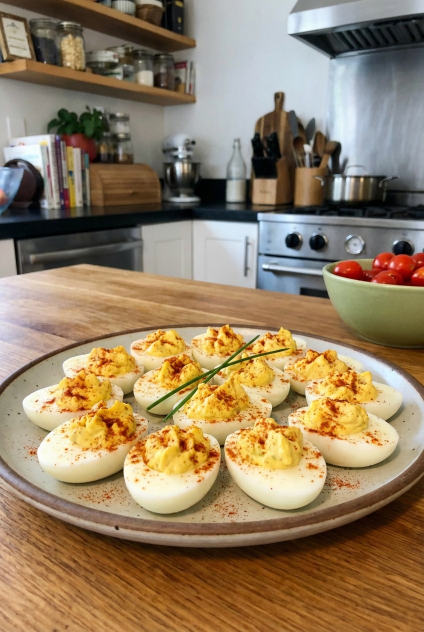 A tray of deviled eggs sprinkled with paprika