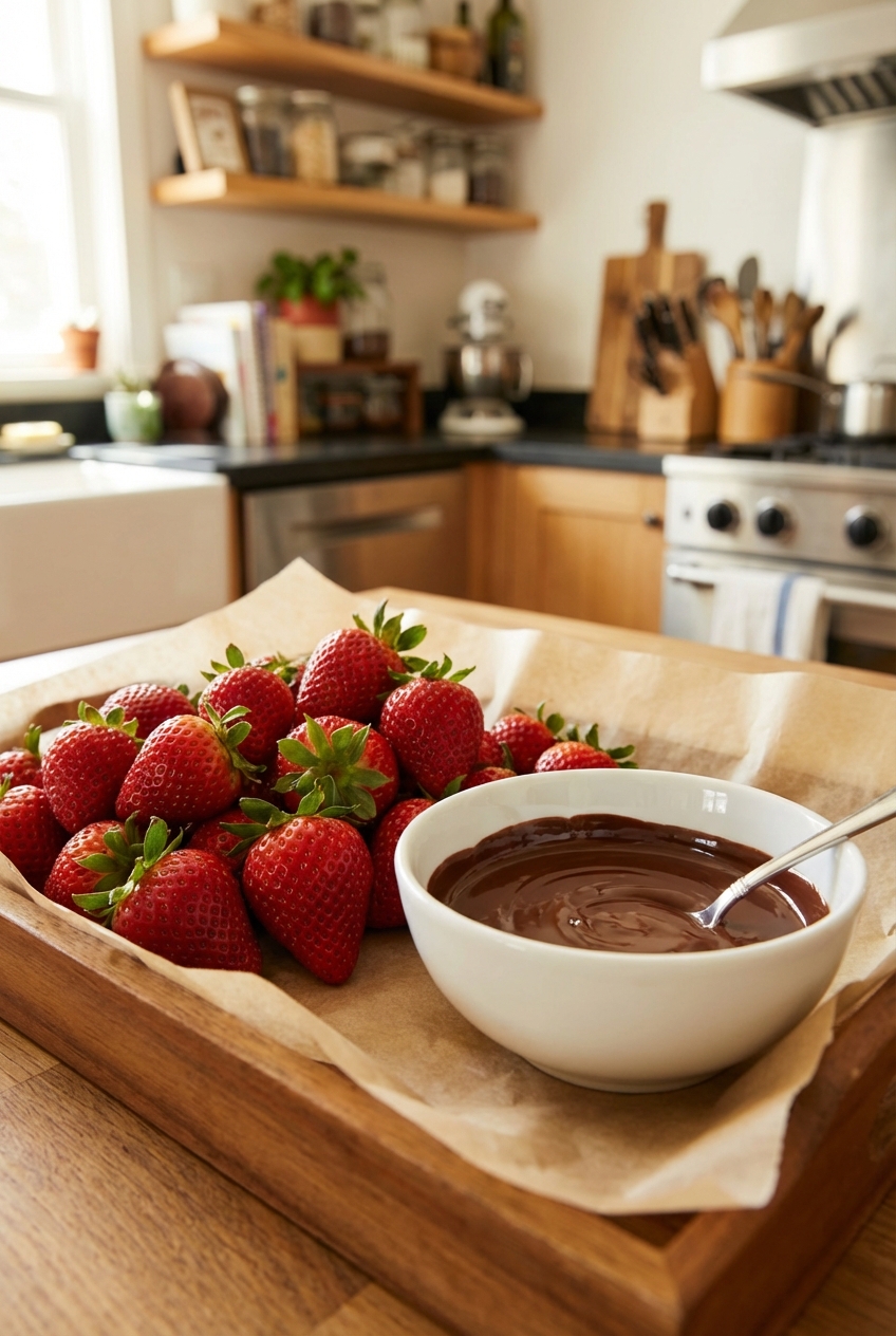 A tray of fresh strawberries on parchment with a small bowl of melted chocolate