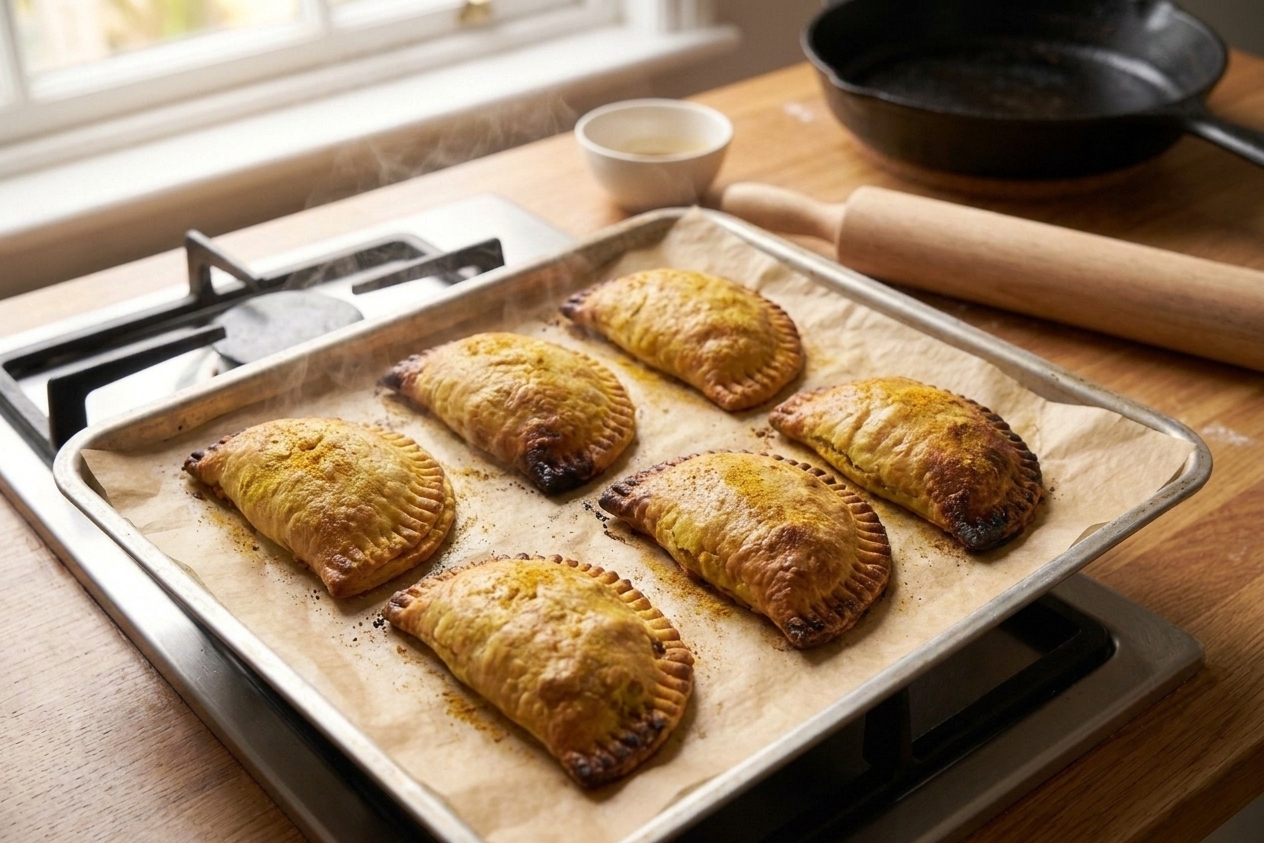 A tray of freshly baked Jamaican beef patties, golden brown with flaky edges, sitting on parchment paper