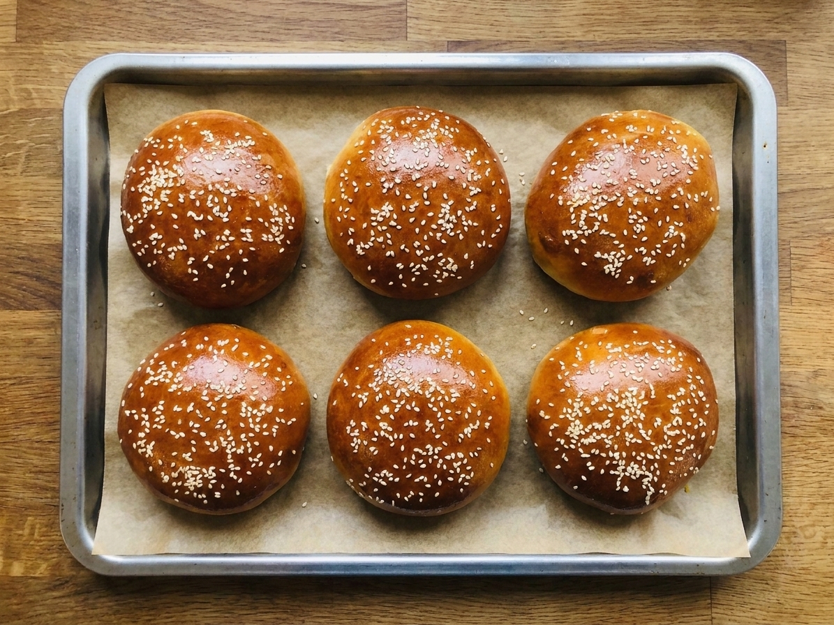 A tray of freshly baked homemade hamburger rolls with a glossy golden top on parchment paper on a wooden kitchen counter
