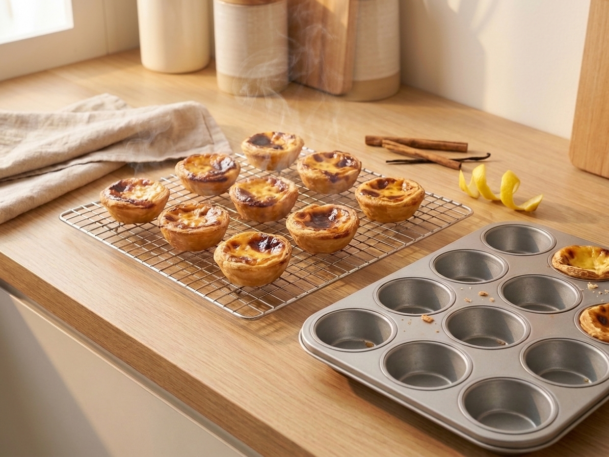 A tray of freshly baked pastel de nata with blistered caramelized tops cooling on a wire rack on a warm kitchen counter