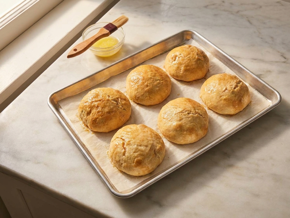 A tray of freshly baked quick bread buns on parchment paper, golden brown with slightly crisp edges, sitting on a light stone kitchen counter in warm natural light