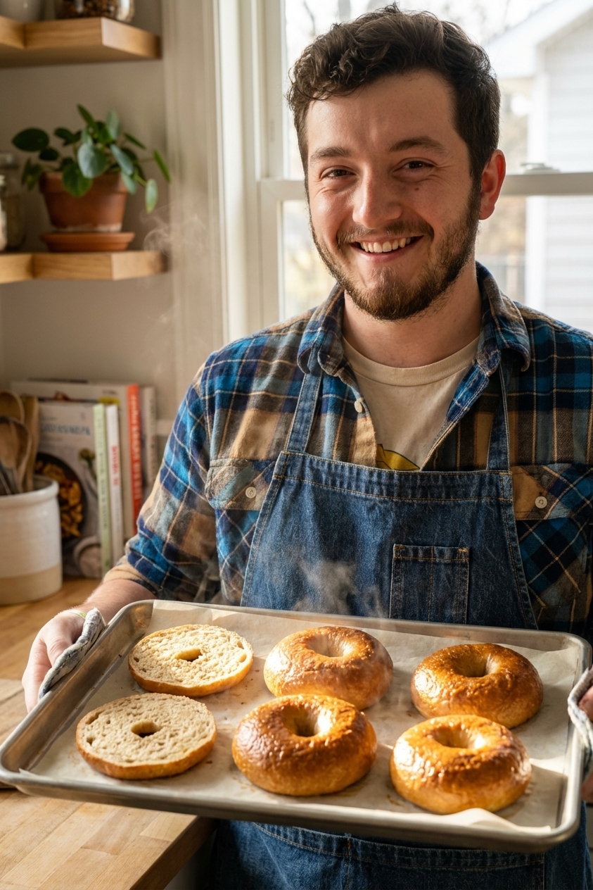 A tray of freshly baked sourdough discard bagels with glossy browned crusts on parchment paper, a few sliced open to show a dense chewy interior, soft morning window light, realistic kitchen photography