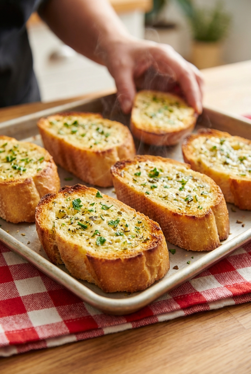 A tray of garlic bread slices with herbs and browned edges fresh from the oven