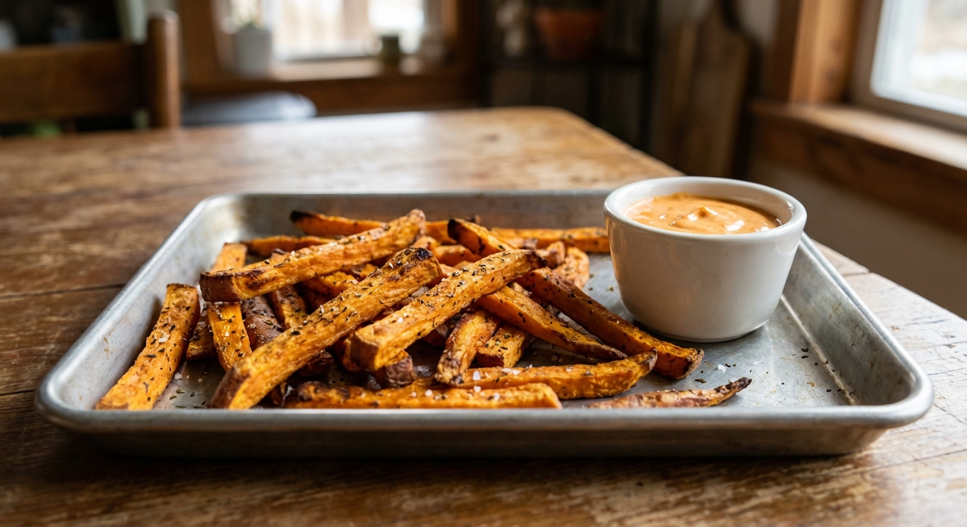 A tray of golden baked sweet potato fries with a small cup of dipping sauce