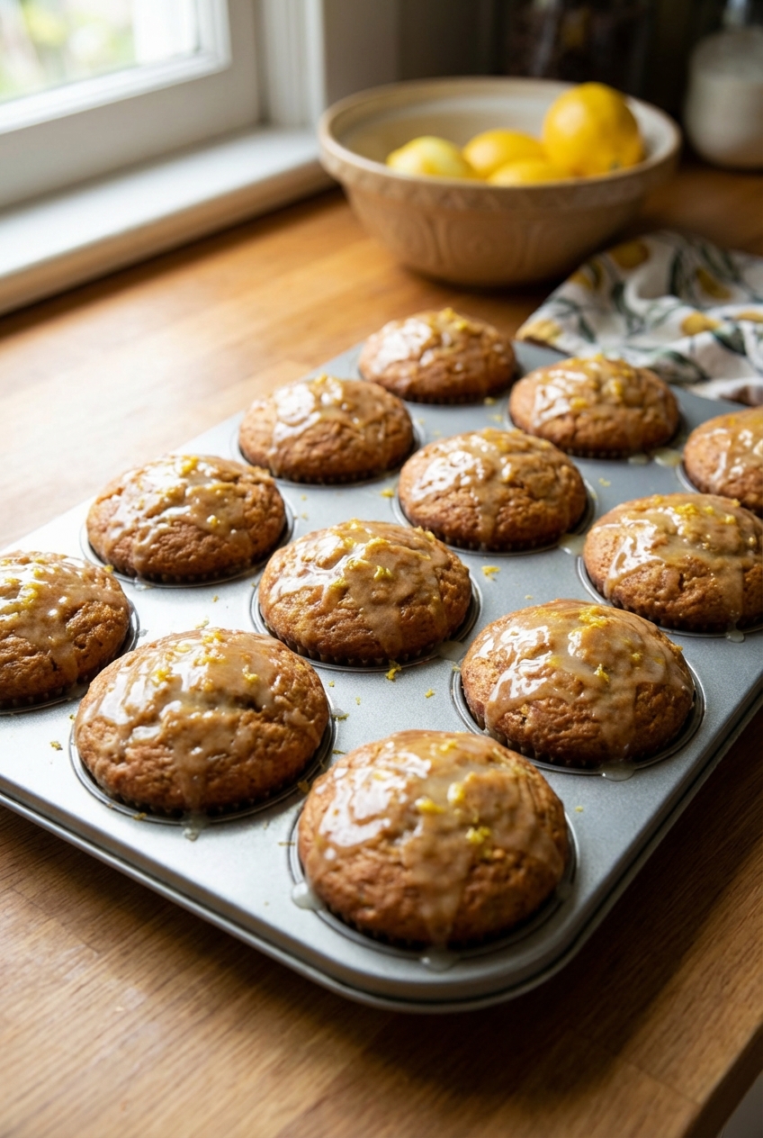A tray of golden banana bread muffins with lemon zest and a glossy citrus glaze on a kitchen counter in natural light