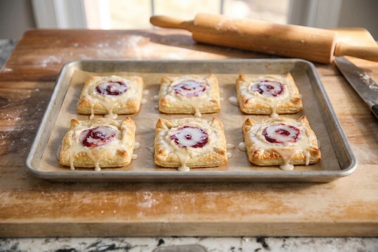 A tray of golden brown cream cheese danishes made with puff pastry, with glossy jam swirls and a light vanilla glaze on top, photographed on a warm kitchen counter