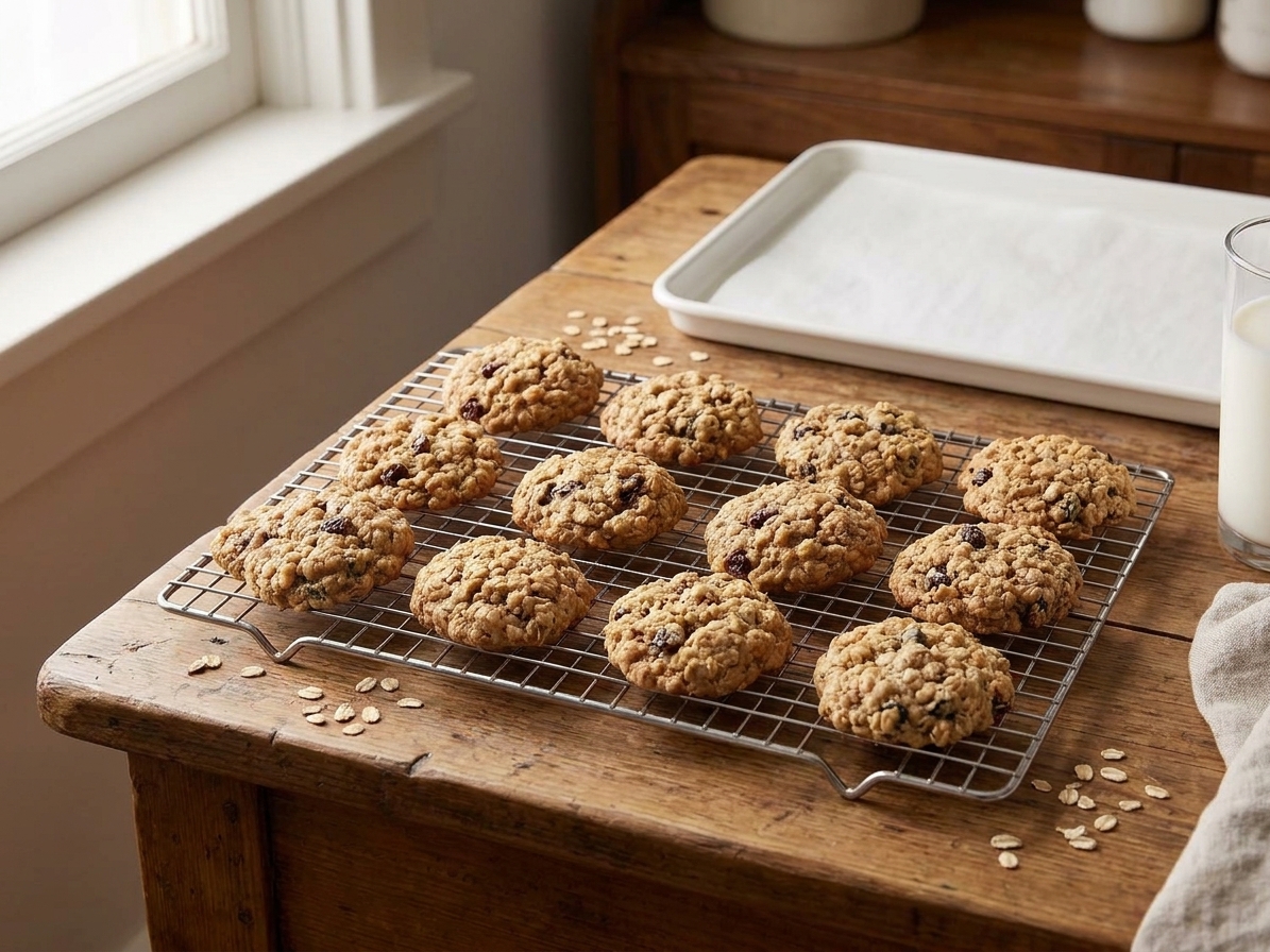 A tray of golden brown oatmeal cookies cooling on a wire rack on a warm kitchen counter, with a few oats scattered nearby