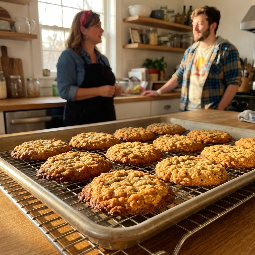 A tray of golden brown oatmeal cookies with crisp edges cooling on a wire rack in a warm, sunlit kitchen