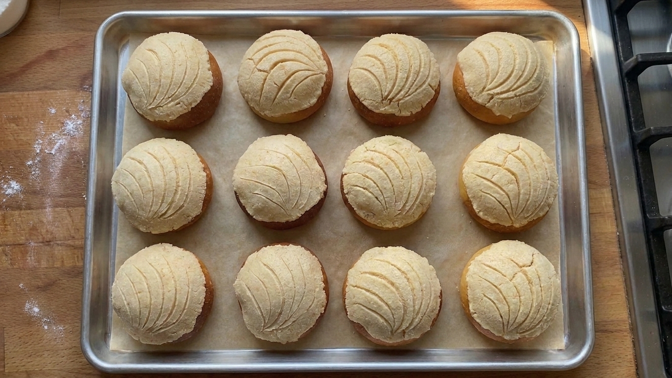 A tray of golden brown pan dulce conchas with crackly vanilla sugar topping on a parchment-lined baking sheet