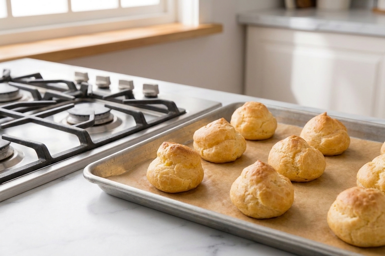 A tray of golden cream puffs made from choux pastry cooling on a parchment-lined baking sheet on a warm kitchen counter