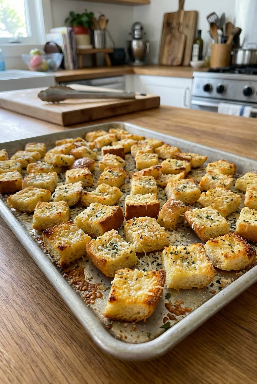 A tray of golden garlic parmesan croutons
