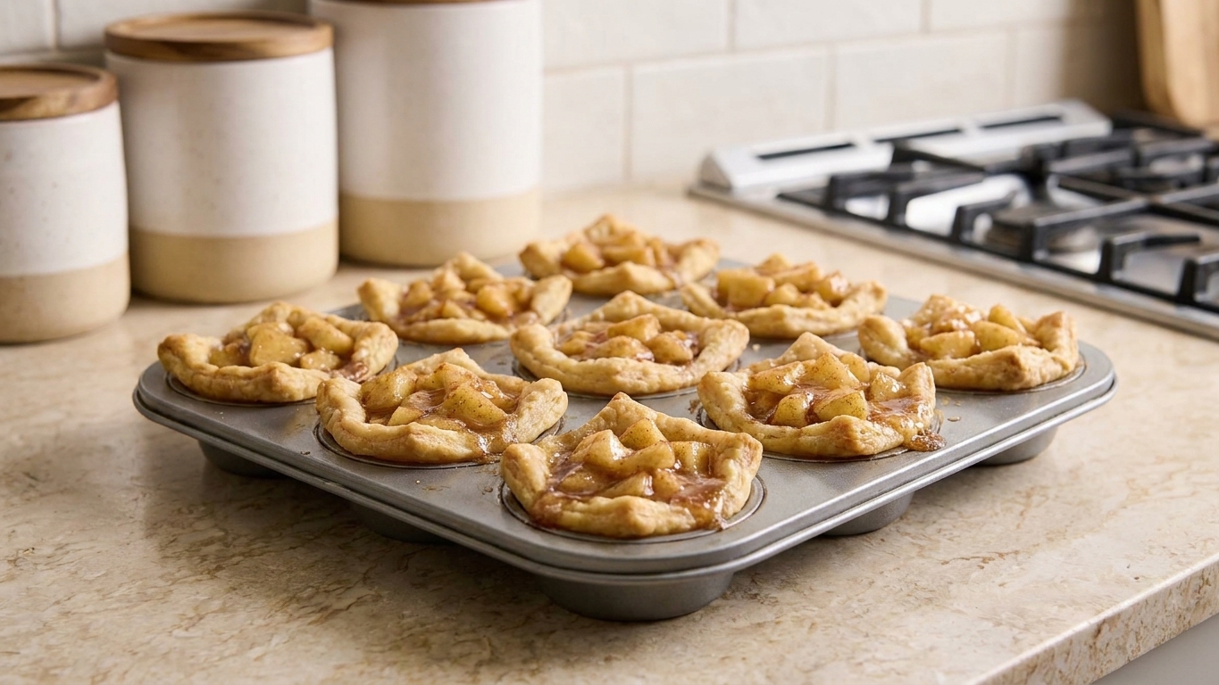 A tray of golden mini apple pies baked in a standard muffin tin, with flaky crust edges and glossy cinnamon apple filling on a warm kitchen counter