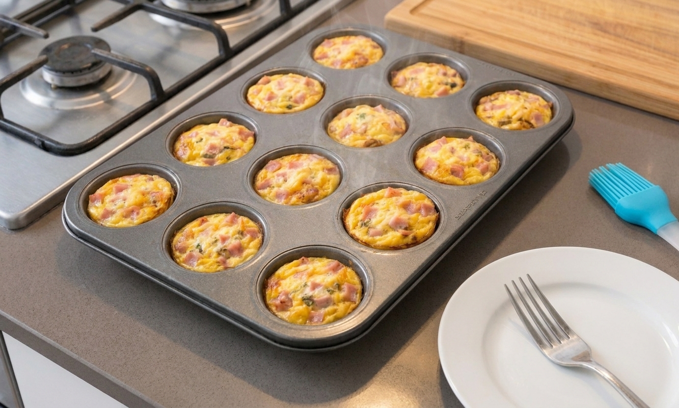 A tray of golden mini quiches in a muffin tin on a light kitchen counter, steam just lifting, with a small plate and fork nearby