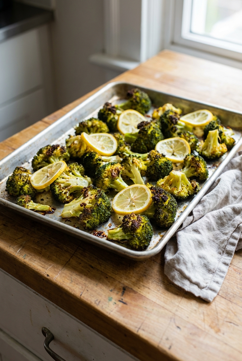 A tray of golden roasted broccoli with browned edges and lemon slices