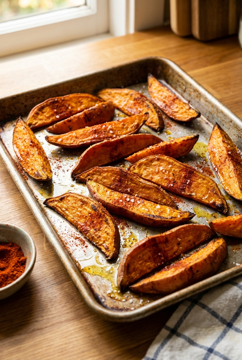 A tray of golden roasted sweet potato wedges with paprika