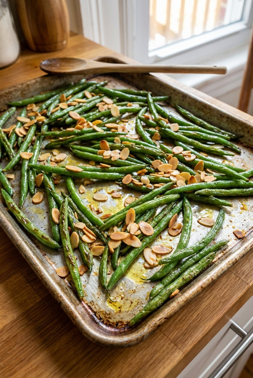 A tray of green beans tossed with olive oil and toasted almonds