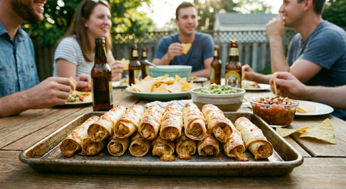 A tray of mini chicken taquitos with a golden crispy exterior