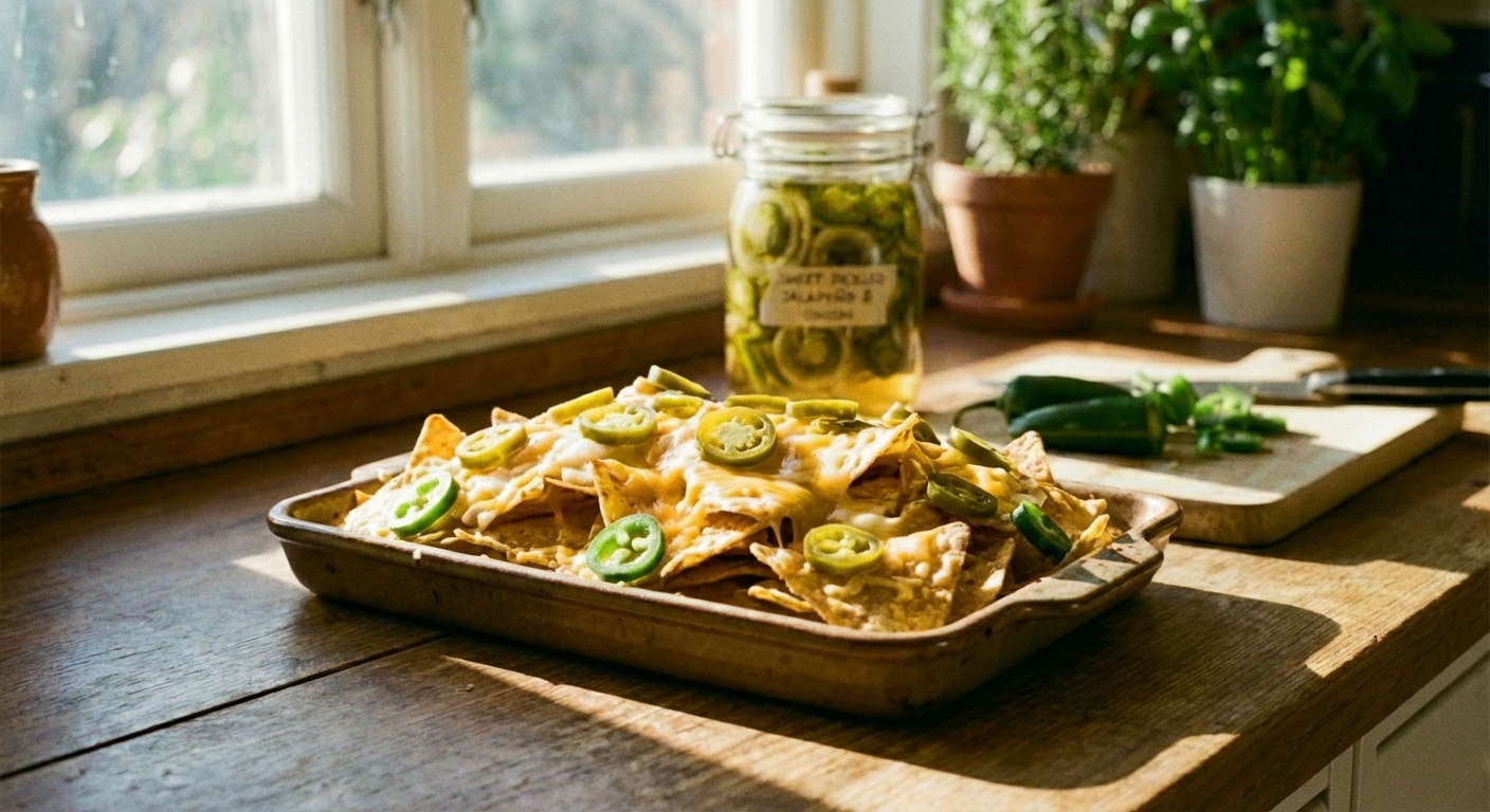A tray of nachos with melted cheese and jalapeños