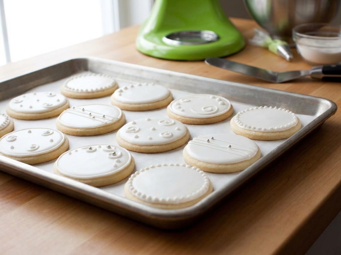 A tray of neatly decorated sugar cookies finished with smooth royal icing and simple piped details on a warm kitchen counter