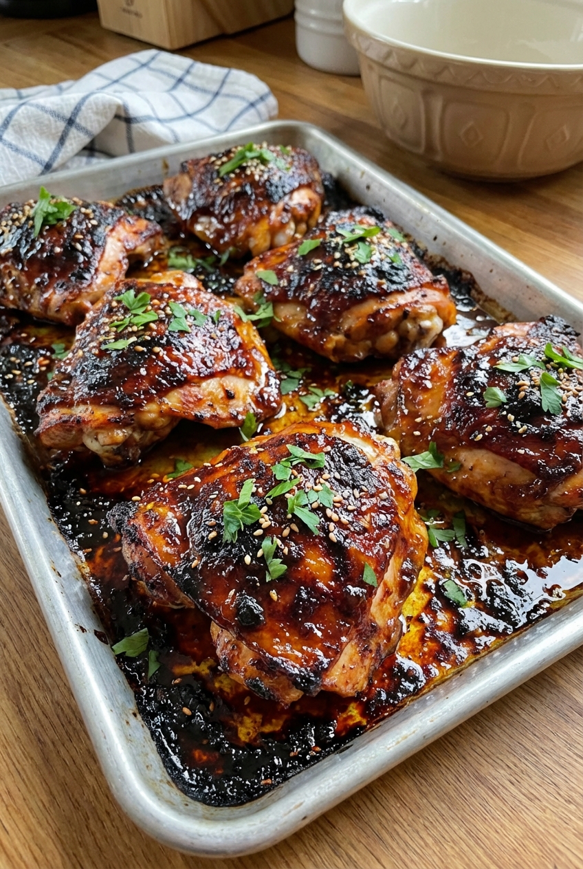 A tray of oven baked barbecue chicken thighs with caramelized sauce