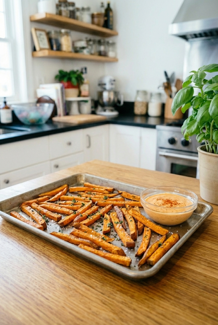 A tray of oven baked sweet potato fries with a small bowl of dipping sauce