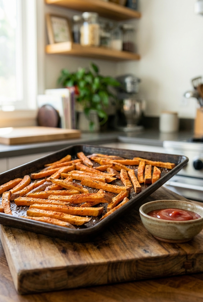 A tray of oven baked sweet potato fries with a small bowl of ketchup