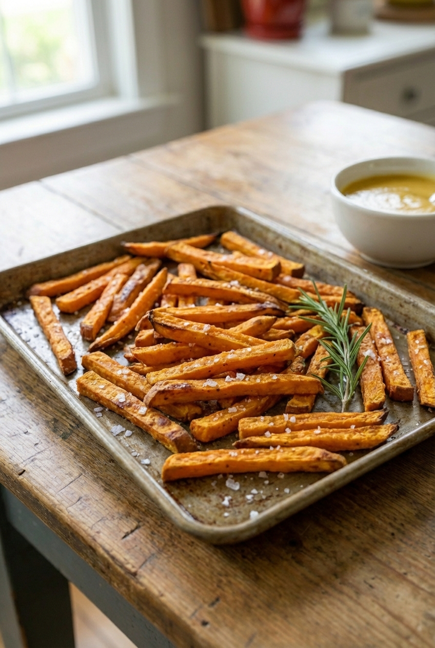 A tray of oven-baked sweet potato fries with flaky salt