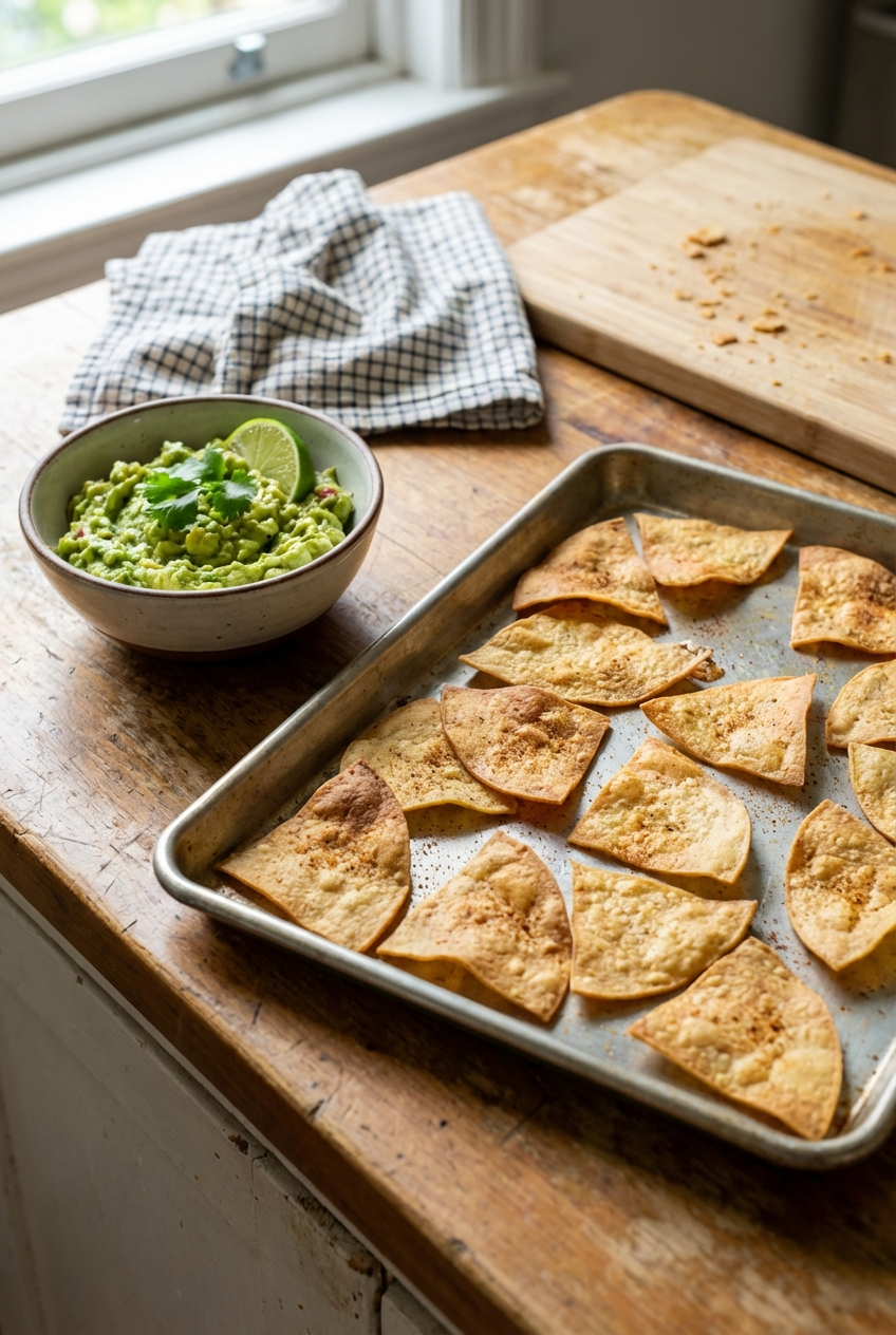 A tray of oven-baked tortilla chips with a small bowl of guacamole on the side on a kitchen counter